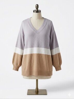 Lane Bryant V-Neck Colorblock Sweater in Taupe, White, Light Gray Size 18/20